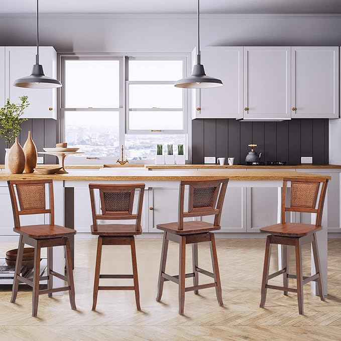 COSTWAY Bar Stools Set of 2, 24.5 Inch Counter Height Bar Stool with Rattan Back, 360°Swivel Seat, Comfortable Footrests, Rubber Wood Bar Stools for Kitchen Island, Dining Room, Cafe, Pub (2)