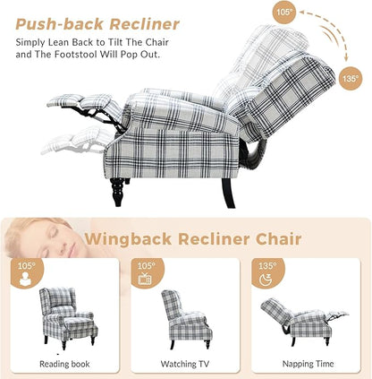 HULALA HOME Upholstered Wingback Recliner Chair, Small Adjustable Footrest Push Back Single Reclining Sofa, Mid Century Modern Lounge Armchair for Living Room, Bedroom, Reading/Plaid Black