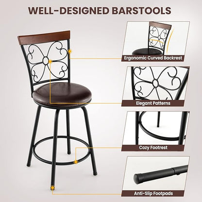 COSTWAY Bar Stools for Kitchen Island, 24/30 Inch Adjustable Seat Height Swivel Barstools Set of 2, Cushioned Seat & Cozy Backrest, Extra Leg Tubes for Height Adjustment, for Kitchen, Bar (2)
