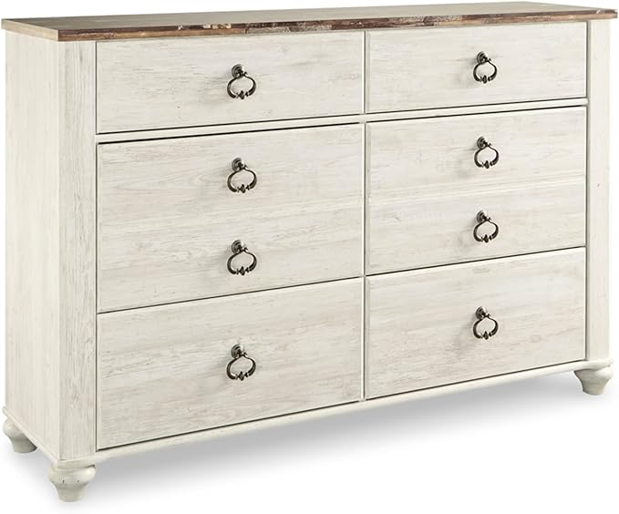 Signature Design by Ashley Willowton Coastal Cottage 6 Drawer Dresser with Faux Plank Top, Whitewash