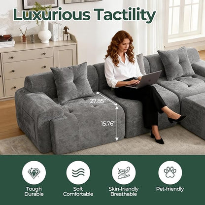 129.23”Modular Sectional Couch for Living Room, Modren L-Shape Cloud Sectional 4-Seater Sofa with Movable Ottoman, Woven Texture Upholstery Boneless Couch, No Assembly, Grey