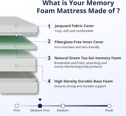 Queen Mattress 6 Inch Green Tea Memory Foam Mattress for Cool Sleep & Pressure Relief, Medium Firm Feel,Fiberglass Free, Bed in a Box, Removable Washable Cover, CertiPUR-US Certified