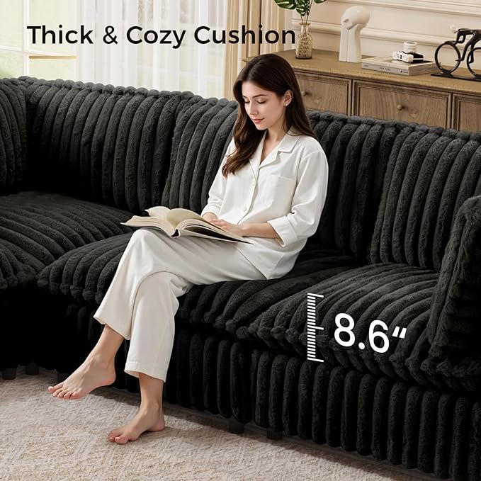 KKL Modular Sectional Couch for Living Room, U Shaped Corduroy Couches with 2 Ottomans, 5 Seater Oversized Sofa Convertible to L Shaped, Soft Fabric Modern Sofa, Black