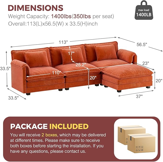 ELUCHANG Oversized 113" Modular Sectional Sofa, Comfy Cloud Couch, L Shaped Deep Seat Sofa Couches for Living Room, 4-Seater Modern Sofa with Movable Ottoman, DIY Combination - Chenille Terracotta