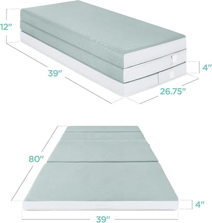 Best Choice Products 4in Portable Twin XL-Size Mattress, Tri-Fold Mattress for Camping, Guest, Toddler, Foam Plush w/Carry Case - Seafoam