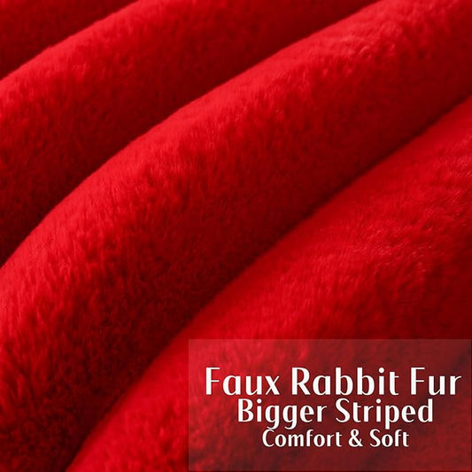 FUTEI Christmas Red Decorative Throw Pillow Covers 18x18 Inch Set of 2, Square Soft Faux Rabbit Fur Thick Striped Cushion Cover,Winter Home Decor for Couch Bed Living Room