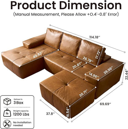 114" Cloud Sectional Couch with L-Shape Chaise & Ottoman, Modern Boneless Couches for Living Room, Fluffy Tufted Deep Seat Modular Sofa No Assembly (Faux Leather,Brown,Left Facing)