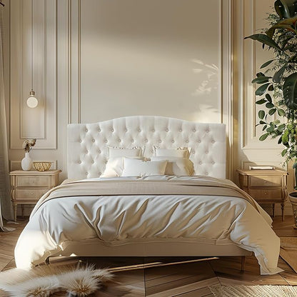 Linen Upholstered Headboard Queen/Full Size Bed Tufted Button Headboard, Featuring High-Density Sponge Padding, Luxury Texture Easy Assembly Comfort and Style-Ivory