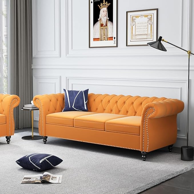 Chesterfield 3 Seater Sofa, Modern Velvet Tufted Couch 3 Seater with Rolled Arms and Nailhead Mid-Century Upholstered Couch for Living Room, Bedroom, Apartment and Office, Yellow