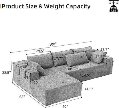 108" Modular Sectional Couch Sofa with L-Shape Chaise, Modern Cloud Comfy Sofa with Deep Seat, Upholstered Couches for Living Room Bedroom, No Assembly Required (Black Left Facing Chaise)