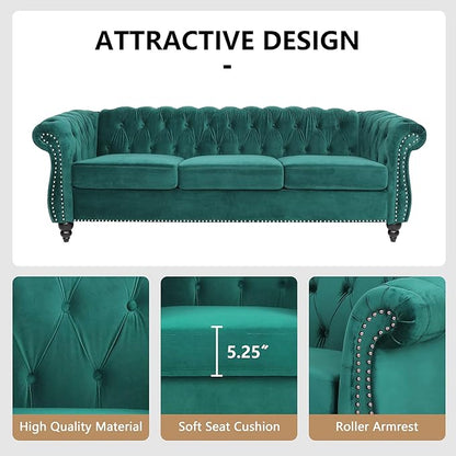 Velvet Sofa Couches Set, 3-Piece Mid Century Modern Upholstered Couch with Cushions, Home Sofa Sectional Furniture Sets, Comfy Tufted Chesterfield Couches for Living Room, Bedroom, Office