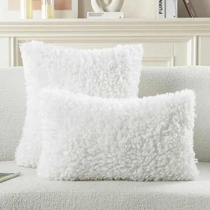 FUTEI Cream White Decorative Throw Pillow Covers 26x26 Inch Set of 2,Soft Fluffy Faux Wool Fur Boucle Textured Euro Pillow Shams,Modern Home Decor for Couch Bed Living Room Office