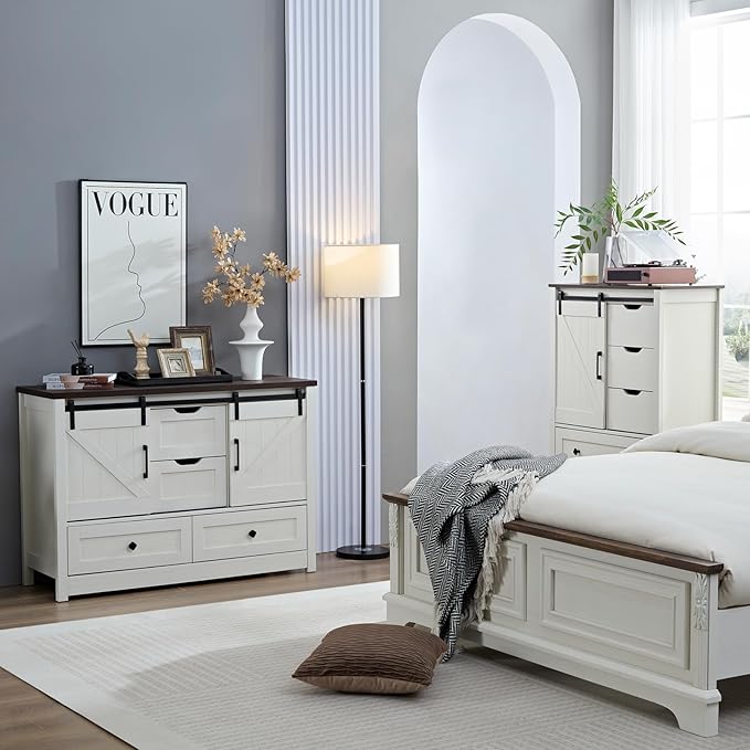 Farmhouse Dresser for Bedroom, 4 Drawers Dresser with Sliding Barn Door, 48" Wide Dresser 4 Chest of Drawers, Storage Organizer Dresser for Bedroom, Hallway, Living Room, Dining Room, Antique White