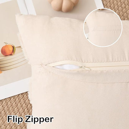 Kevin Textile Fall Pillow Covers 16x16 Inch Set of 2 Soft Pumpkins Decorative Square Pillowcases Plush Autumn Faux Fur Cushions Harvest Gift for Couch Sofa Chair Bedroom Home Decor, Beige