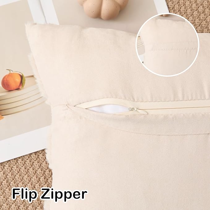 Kevin Textile Fall Pillow Covers 20x20 Inch Set of 2 Soft Pumpkins Decorative Square Pillowcases Plush Autumn Faux Fur Cushions Harvest Gift for Couch Sofa Chair Bedroom Home Decor, Beige