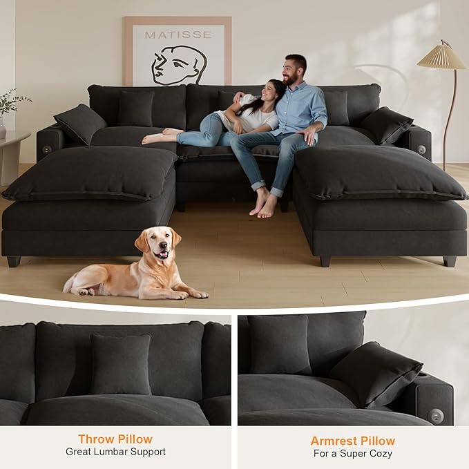 Cloud Couch, Modular Sectional Sofa with Ottoman, Charging Station, Throw Pillows, Cup Holders, Modern Convertible L Shaped Couches for Living Room, Bedroom (Classic Black, 116"- U Shape)