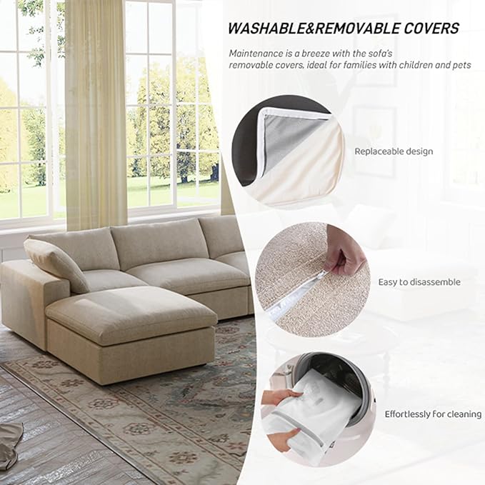Cloud Modular Sectional Sofa Couch,120.45" Convertible Couches 3 Seater Sofa for Living Room,Minimalist Deep Sofa Couches,Covers Washable&Replaceable(Khkai)