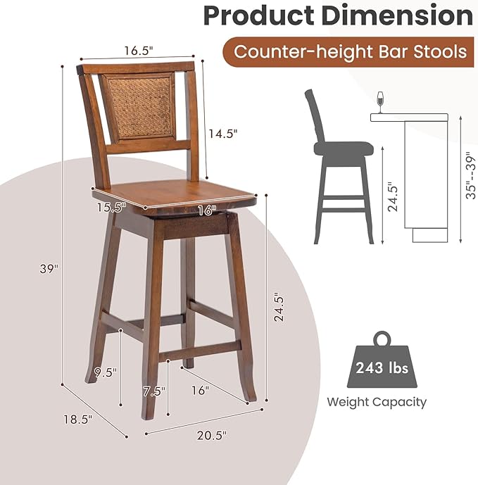 COSTWAY Bar Stools Set of 2, 24.5 Inch Counter Height Bar Stool with Rattan Back, 360°Swivel Seat, Comfortable Footrests, Rubber Wood Bar Stools for Kitchen Island, Dining Room, Cafe, Pub (2)