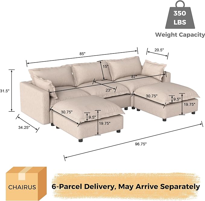 chairus 97" Modular Sectional Sofa with 2 Moveable Ottoman Upholstered Deep Seat Linen Couch Set with Soft Pillows U Shaped Sofa Couch for Living Room, Apartment, Reception Room, 3-Seater/Oatmeal