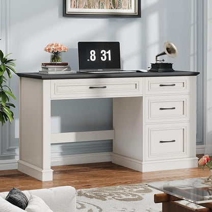 Farmhouse 47" Executive Desk, Computer Desk with Drawers and File Drawer, Workstation Computer Desk with Charging Station for Home Office, Study (Black)