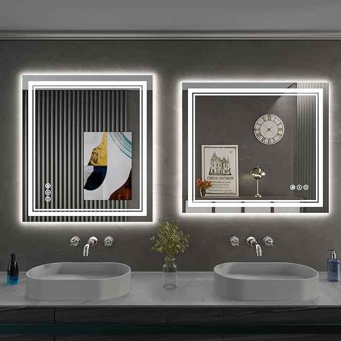24 x 28 Inch LED Bathroom Mirror, Front Light and Backlit Anti-Fog Dimmable Memory Lighted Vanity Mirror, Shatterproof Wall-Mounted Led Mirror for Bathroom