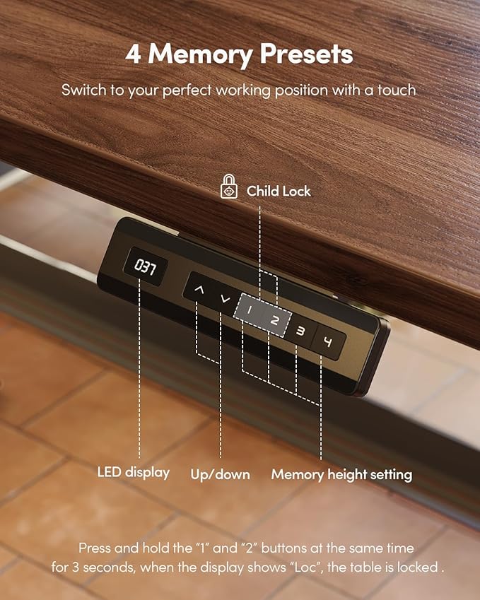 FEZIBO One-Piece Standing Desk Adjustable Height Stand up Home Office Desk, 60x24 Inch Electric Standing Computer Desk, with 4 Memory Presets, Headphone Hook, Fixable casters, Black Walnut