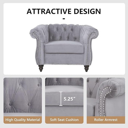 2 Piece Living Room Furniture Set, Velvet Loveseat and Chair Set, Mid Century Modern Upholstered Sofa Couch with Cushions, Comfy Tufted Chesterfield Couches for Living Room, Bedroom, Office