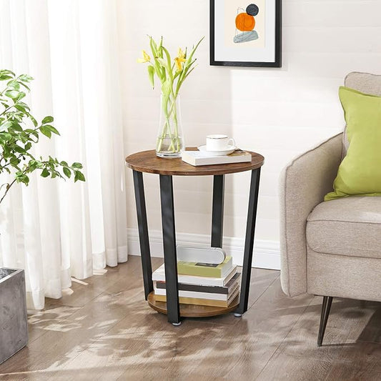 VASAGLE Round Side End Table, 2-Tier Accent Bedside Table with Storage Shelf, Easy Assembly, Nightstand for Small Spaces, Living Room, Bedroom, Rustic Brown and Ink Black ULET57X
