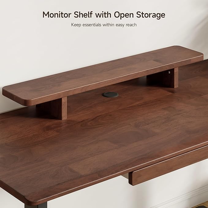 ONBRILL Standing Desk with Drawer, 55x23.6 Inches Solid Wood Desktop Stand Up Desk with Whole-Piece Board and Storage Shelf, Adjustable Height from 28-46 Inches for Home & Office, Black Walnut