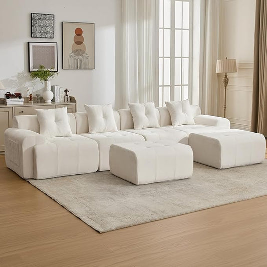 129.23”Modular Sectional Couch for Living Room, Modren L-Shape Cloud Sectional 4-Seater Sofa with 2 Movable Ottomans, Woven Texture Upholstery Boneless Couch, No Assembly, Beige