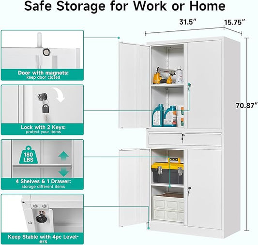 SISESOL White Metal Storage Cabinet with Drawer and Locks,Garage Storage Cabinet with Locking Doors and Adjustable Shelves,71" Tall Large Metal Cabinets with Magnetic Door for Home,Office,Garage