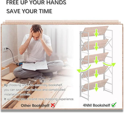 4NM 5 Tiers No Assembly Book Shelves, 51.2" H Folding Bookshelf Bookcase Open Industrial Foldable Shelves for Bedroom, Living Room, Home Office - Natural White
