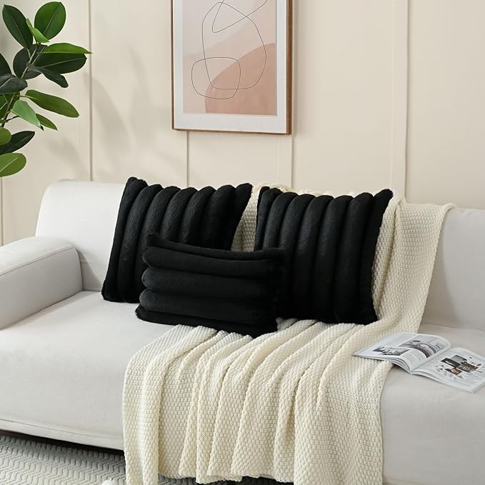 FUTEI Black Decorative Throw Pillow Covers 12x20 Inch Set of 2, Square Soft Faux Rabbit Fur Thick Striped Lumbar Pillow Case,Winter Home Decor for Couch Bed Living Room