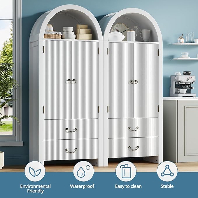 FURSUN 71" Tall Fluted Arched Bookshelf with Doors, Wood Pantry Storage Cabinet with 2 Large Drawers, Modern Versatile Bookcase for Living Room, Kitchen, Dining, White