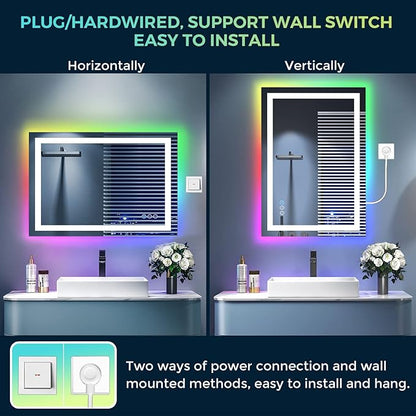 24x36 Inch RGB LED Bathroom Mirror Front Light and RGB Backlit Lighted Vanity Mirror for Bathroom Wall Mounted Dimmable Anti Fog Memory Shatter-Proof IP54 Waterproof Horizontal/Vertical