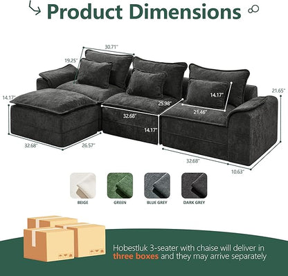 Hobestluk 120" Cloud Modular Sectional Couch 3-Seater Sofa with Ottoman L Shaped Sofa with Removable Cover Large Sofa Couch for Living Room (Dark Grey, 3-Seater Sofa with One Ottoman)