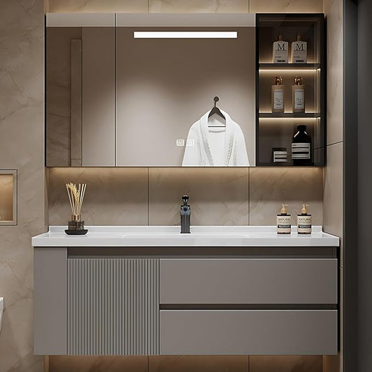 48IN Suspended Bathroom Cabinet Combo Set - Fully Functional LED Mirror Vanity with Smart Defogging & Time Display | Bathroom Vanity with Sink,Side Cabinets Storage Compartment (Style C)