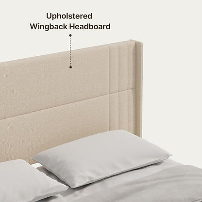 Gizoon King Bed Frame with Wingback Headboard, Upholstered Platform Bed with Modern Geometric Headboard, Wooden Slats, Noise-Free, No Box Spring Needed
