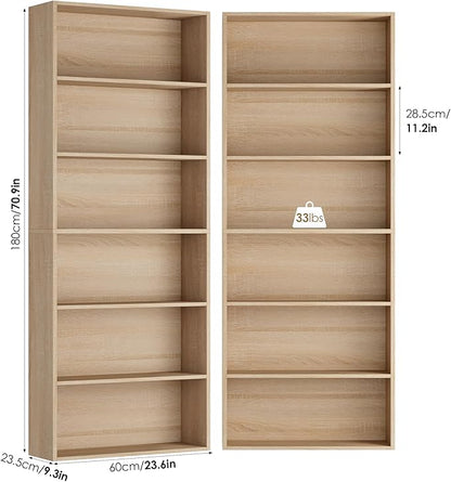 FOTOSOK 70.8" Tall Bookcase Shelf, 6 Tier Wide Bookshelf with Storage, Billy Bookcase Set of 2, Large Bookshelf for Living Room, Home Office,Light Oak