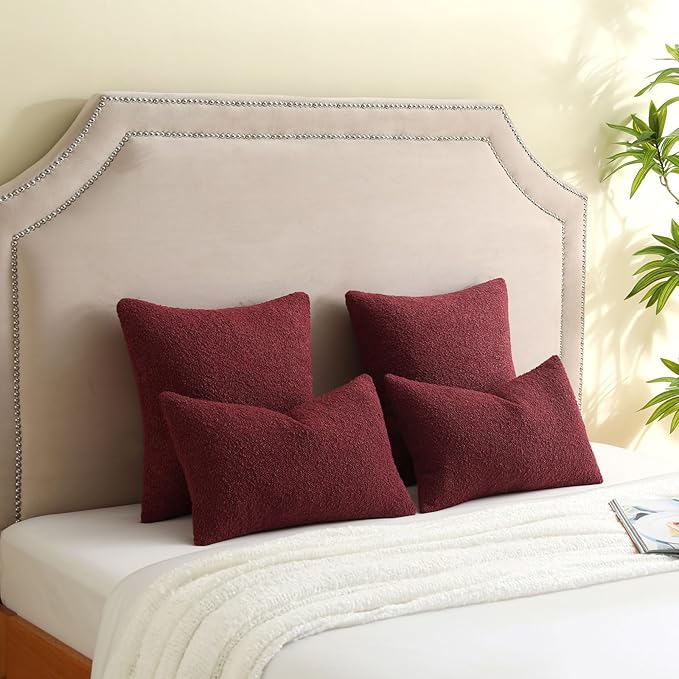 FUTEI Pack of 2 Burgundy Decorative Throw Pillow Covers 18x18 Inch Soft Cozy Solid Boucle Textured Cushion Case,Modern Home Decor for Couch Bed Living Room