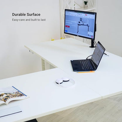 Progressive Desk Stand Up Height Adjustable Standing Desk - L Shaped 85" x 72" Corner Computer Rising Workstation Electric Table - White Frame, Bright Beech Top