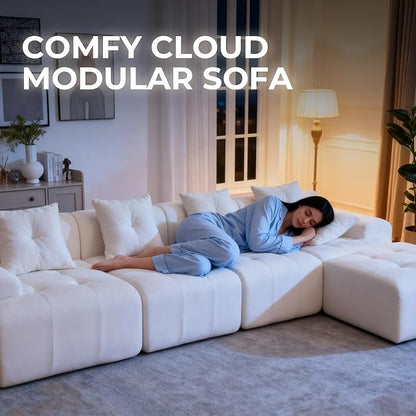 129.23”Modular Sectional Couch for Living Room, Modren L-Shape Cloud Sectional 4-Seater Sofa with 2 Movable Ottomans, Woven Texture Upholstery Boneless Couch, No Assembly, Beige