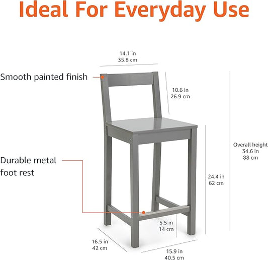 Amazon Basics Wooden Bar Stool with Backrest 24", Grey, Set of 2