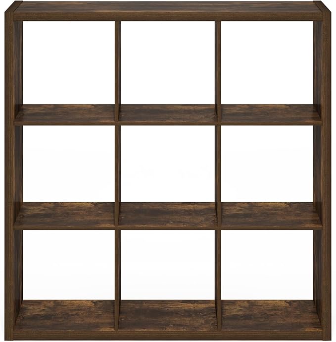 Furinno Cubicle Book Shelf, 9-Cube Thick Frame Bookshelf, Reversible Bookcase with Open Back, 14.6 x 43.8 x 43.8, for Living Room, Bedroom, Home Office, Amber Pine