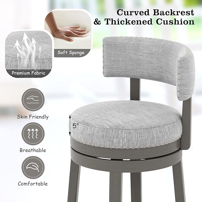 COSTWAY Bar Stool Set of 4, 27-inch 360° Swivel Barstool with Upholstered Back & Seat, Solid Rubber Wood Legs & Footrest, Farmhouse Counter Height Chair for Home, Bar, Cafe, Grey (4, Seat height 27‘’)