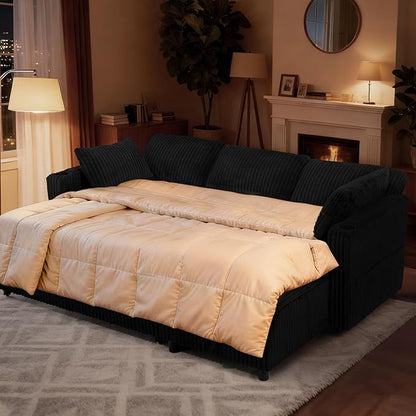 84" Corduroy Pull Out Sofa Bed w/Adjustable Backrests, Sectional L-Shape Sleeper Sofa w/Storage Chaise, Convertible Couch Bed w/USB Charging Port & Cup Holders for Living Room, House, Black