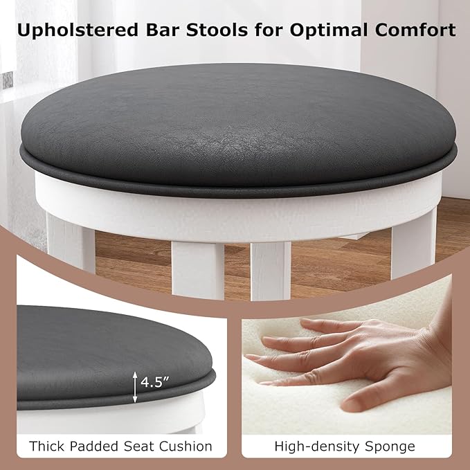 COSTWAY Upholstered Bar Stools Set of 4, 25” Counter Height Bar Chairs with Padded Cushion & Wooden Frame, Faux Leather Backless Stools for Kitchen, Dining Room, Pub, White + Grey