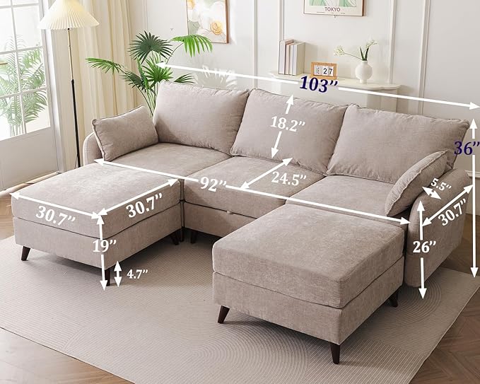 104'' Modular Sectional Sofa with All Seats Storage, Oversized U Shaped Couch for Living Room,3-Seater Comfy Cloud Couches with Movable Ottoman,Big Sectional for Bedroom,Velet,Khaki