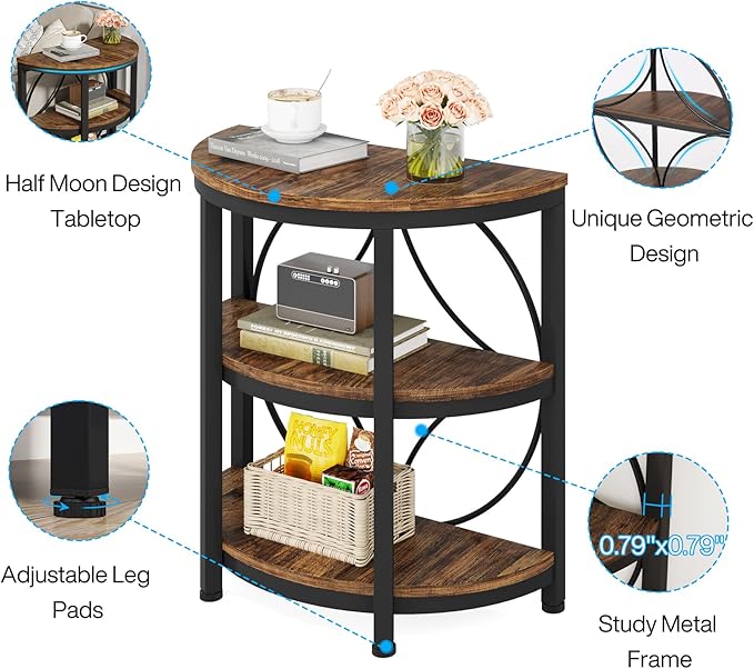 Tribesigns Half Round End Table for Living Room, 3-Tier Half Side Table with Metal Frame, Industrial Half Moon Table with Storage Shelves, Half Circle Accent Table for Entryway, Bedroom, Rustic Brown