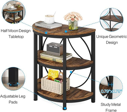 Tribesigns Half Round End Table for Living Room, 3-Tier Half Side Table with Metal Frame, Industrial Half Moon Table with Storage Shelves, Half Circle Accent Table for Entryway, Bedroom, Rustic Brown